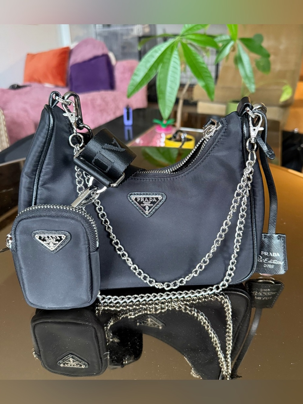 Prada Black Nylon Chain Shoulder Bag with Pouch